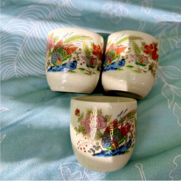 Oriental Vintage Rustic Retro Floral Bird Mini Cup Mug Collectible Set of 3 - Picture 5 of 11